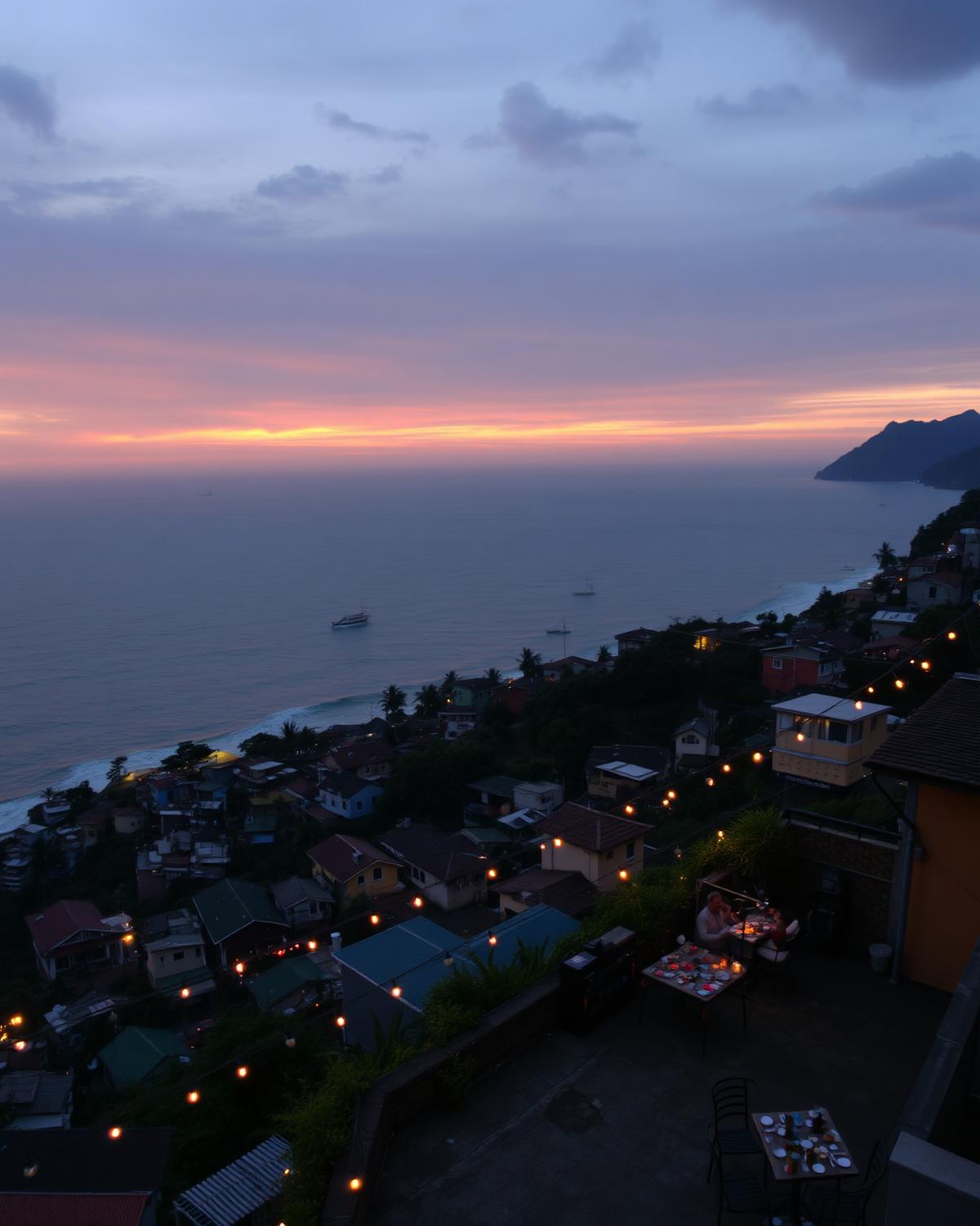 Favela with ocean view at twilight
