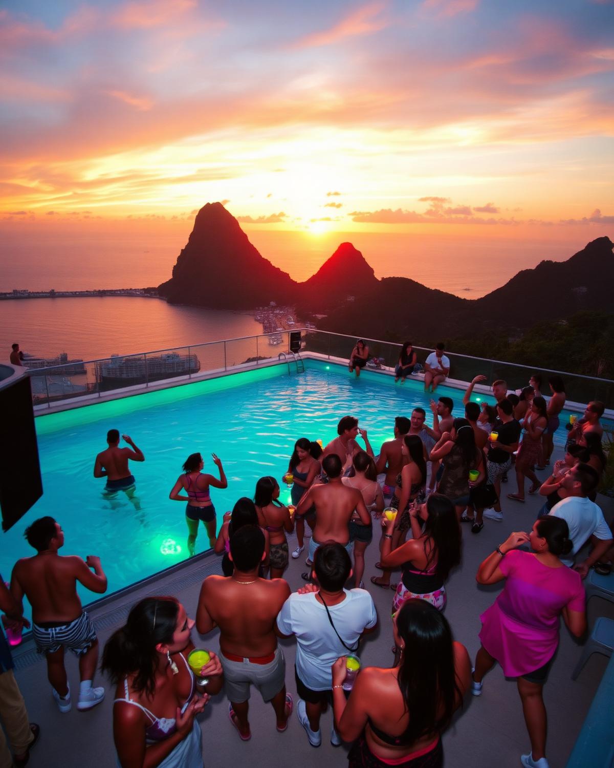 Rooftop pool party in Rio at sunset